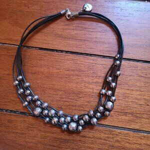 Trades By Haim Shahar 925 Silver Bead Bubbles Beaded-Leather Necklace Signed
